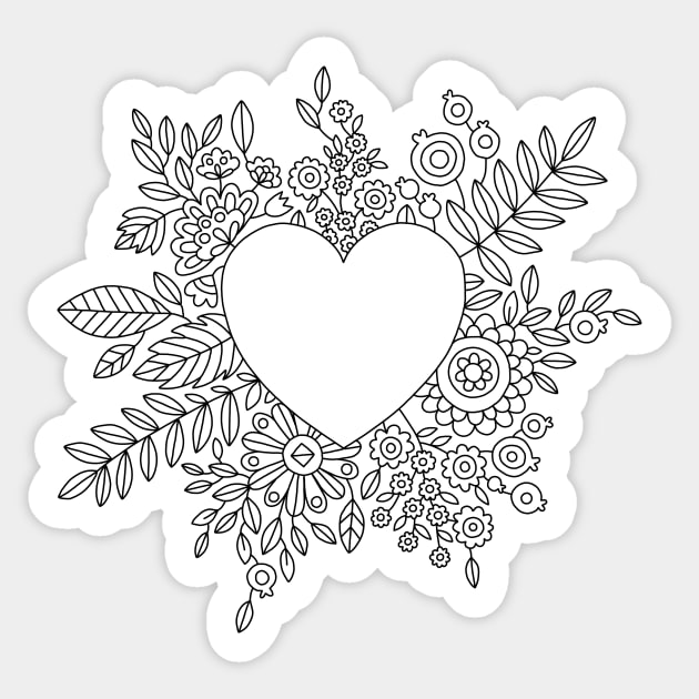 Flourishing Heart Adult Coloring Illustration, Heart and Flowers Wreath Sticker by annagrunduls